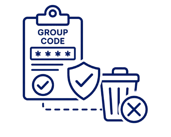 Blue line icon of a clipboard labeled GROUP CODE, a shield with a checkmark, and a trash can with an X on white background.