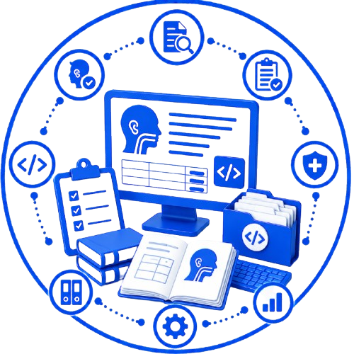 Blue e-learning and coding icon set: computer, clipboard, open book, folders, and tech symbols in a circular layout.