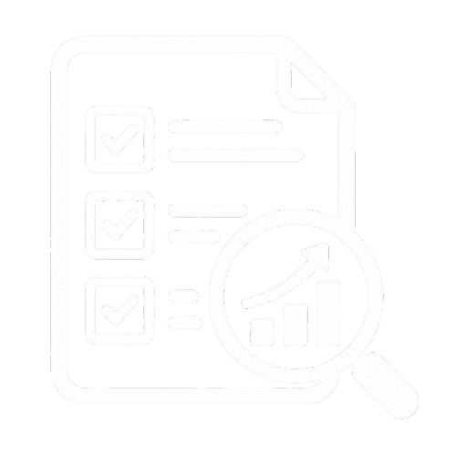 White icon of a checklist document with checkmarks and a magnifying glass over a rising bar chart on a black background