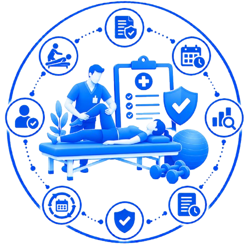 Blue medical illustration of a therapist treating a patient on a table, surrounded by health icons, clipboard, shield, and charts.
