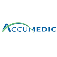 Blue and green Accumedic logo with a curved line above the text on a white background.