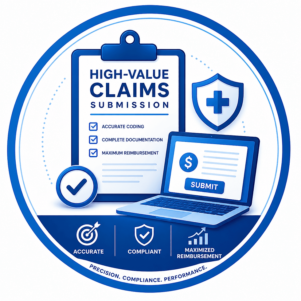 Blue-themed image of a clipboard with "High-Value Claims Submission" text, a shield, and laptop. Icons show accurate, compliant, maximized.