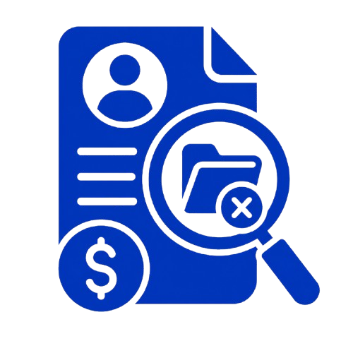 Blue icon of a document with user profile, folder search with X, and dollar sign, suggesting account or financial review