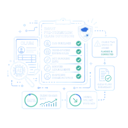 Blue neon infographic of AI claim screening with checklist, shield, claim form, 98% clean claims rate, and denial volume stays low.