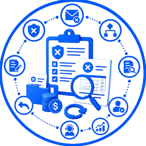 Blue cybersecurity/compliance illustration with clipboard, magnifying glass, shield, files, and icons in a circular tech diagram