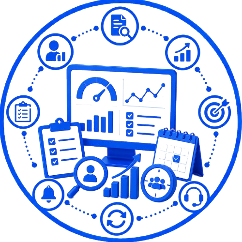 Blue analytics dashboard icon with charts, checklists, target and user symbols arranged in a circular tech-style design.
