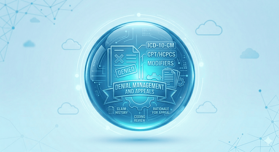 Blue circular graphic with text: "Denial Management and Appeals," "ICD-10-CM," "CPT/HCPCS," "Modifiers," "Denied." Gears, clouds, tech icons.