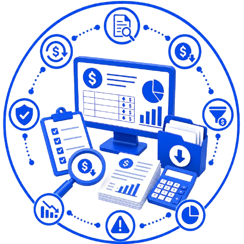 Blue finance dashboard with monitor, clipboard, calculator, folder, and reports surrounded by money and analytics icons on black background