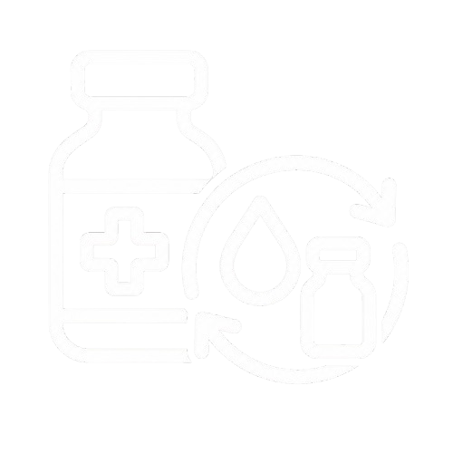 White medical bottle icon with a cross, droplet, and circular arrows around a smaller bottle on a black background