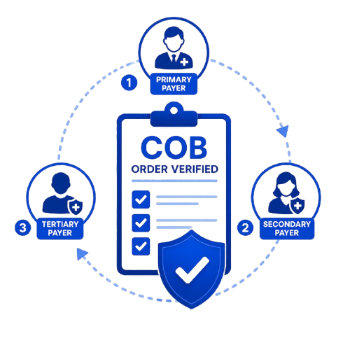 Blue infographic of COB order verified clipboard with shield, showing primary, secondary, and tertiary payer icons in a circle.
