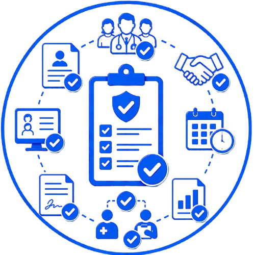 Blue compliance workflow icon set in a circle: clipboard checklist with shield, people, handshake, calendar, charts, and document icons.