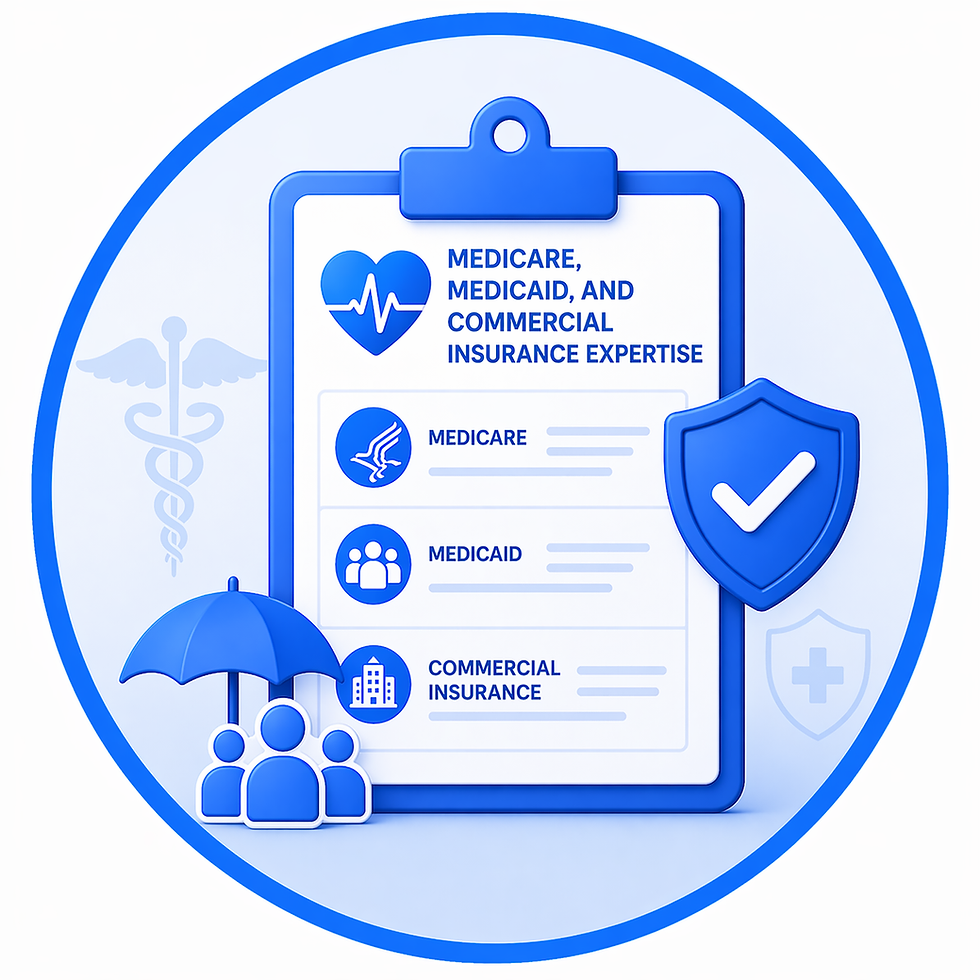 Medical billing clipboard with insurance icons, shield, and patient group representing Medicare, Medicaid, and commercial insurance expertise.