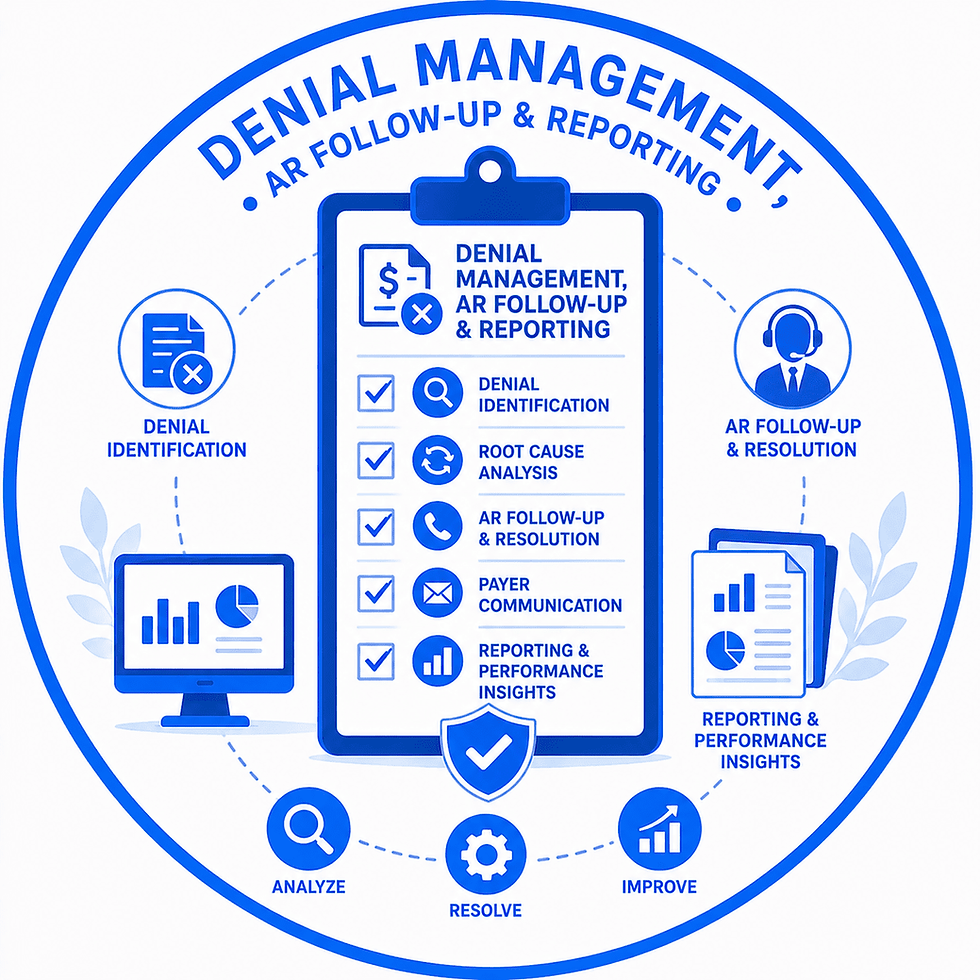 Blue infographic titled Denial Management, AR Follow-Up & Reporting with clipboard, charts, icons, and steps to analyze, resolve, improve