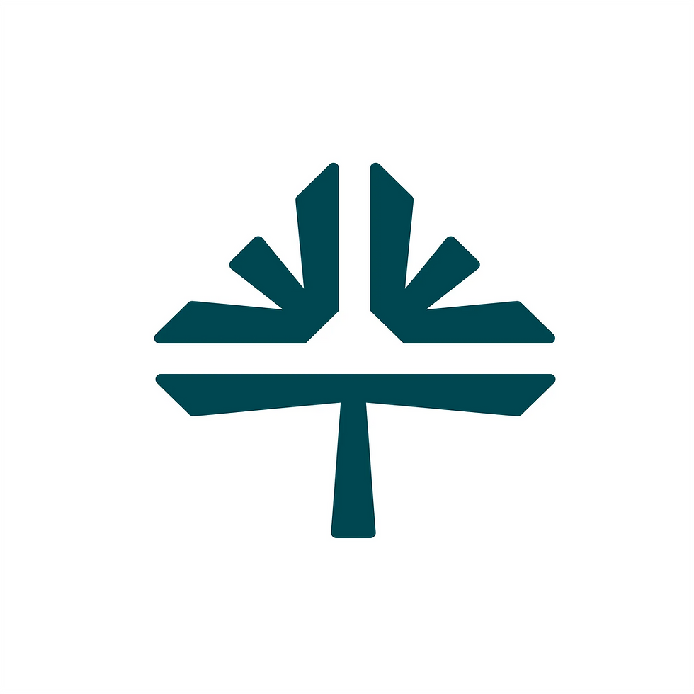 Teal geometric logo resembling snowflake and arrow on white background, conveying a sense of symmetry and direction.