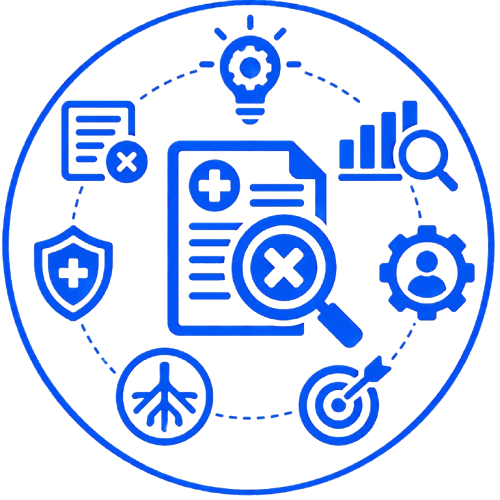 Blue healthcare icon with footprint, medical document, X and shield inside circular arrows, suggesting safety and review