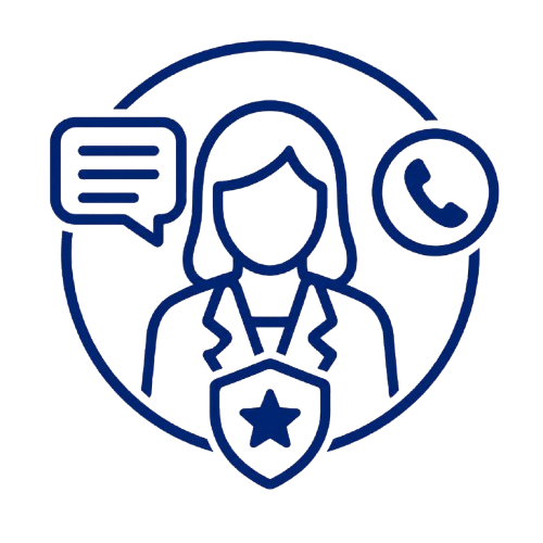 Blue line icon of a customer support agent with chat bubble, phone, and shield badge on a white background