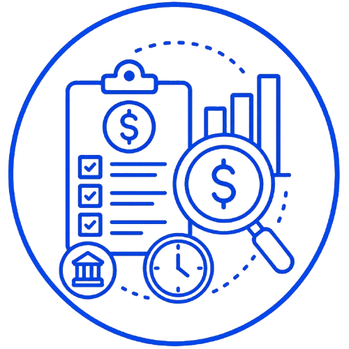 Blue finance audit icon: clipboard checklist, dollar magnifying glass, bar chart, bank and clock inside a circular border.