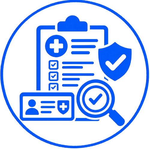 Blue medical verification icon with clipboard checklist, shield, ID card, and magnifying glass inside a circle