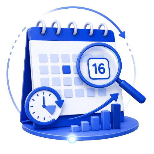 Blue calendar with magnifying glass on 16, clock, and rising bars with arrows, suggesting scheduling and growth.