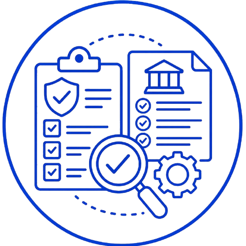Blue line icon of a checklist and document with courthouse symbol, magnifying glass, and gear, suggesting review and verification