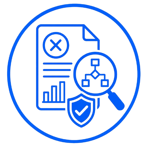 Blue security audit icon: document with X, magnifying glass over flowchart, and shield checkmark inside a circle.