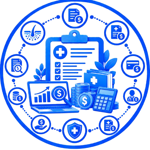 Blue financial healthcare icons: clipboard, laptop chart, calculator, coins, and medical bag inside a circular infographic.