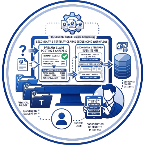 Blue workflow infographic on a monitor showing secondary/tertiary claims sequence steps, with folders, user, and database icons.