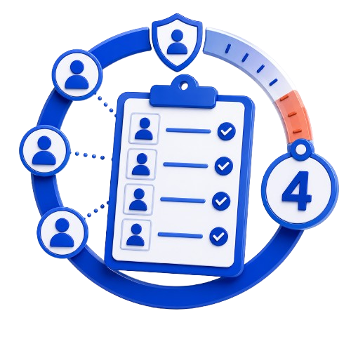 Blue clipboard checklist with four user icons in a circular workflow and a large 4 badge