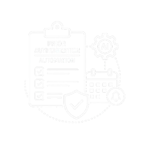 Icon of prior authorization automation: clipboard checklist, AI gear, calendar, shield, and notification bell on black background.