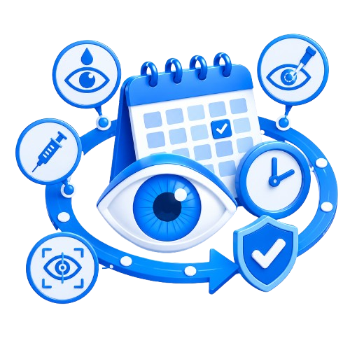 Blue medical monitoring graphic with a calendar, eye, syringe, clock, and shield, suggesting eye care and scheduled checkups