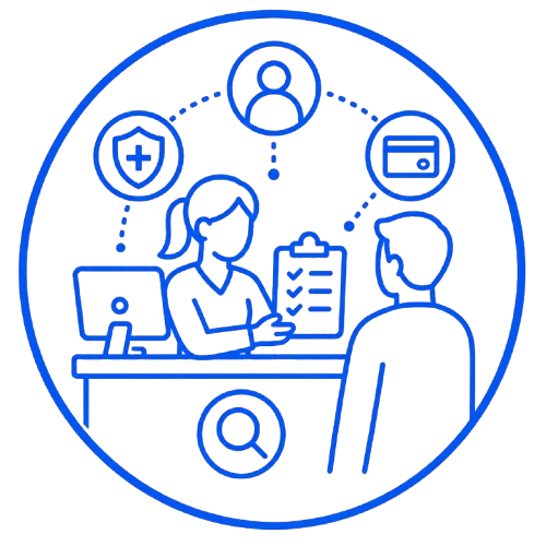 Blue medical consultation icon showing a doctor with clipboard talking to a patient, with shield, user, and card symbols above.
