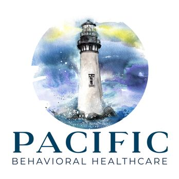 Lighthouse on watercolor sea background with splashes of blue and yellow. Text below reads "Pacific Behavioral Healthcare."