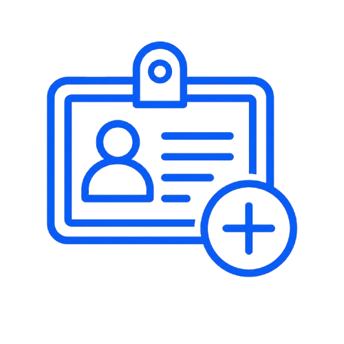 Blue ID card icon with a person silhouette and plus sign, suggesting add new profile/account.