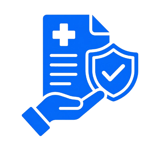 Blue medical document with a plus sign held by a hand beside a shield with a checkmark, suggesting secure healthcare coverage