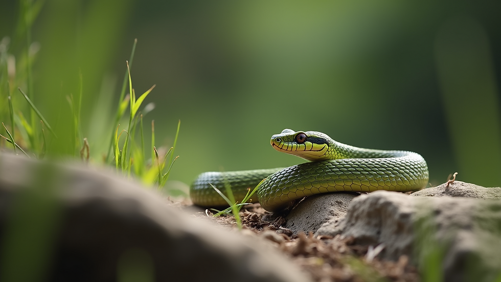 Close-up view of a grass snake resting on a rock