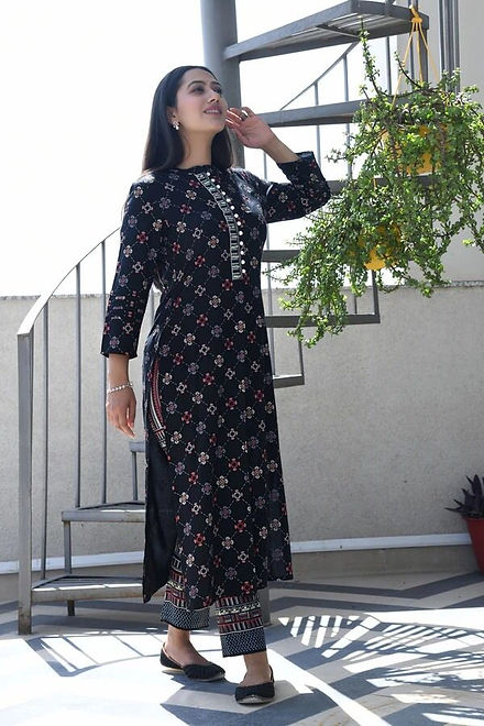 Black colour rayon straight kurta with paired Printed pant