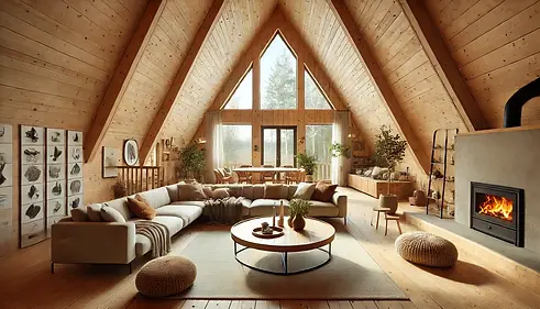 Salon spacieux dans maison en A avec cheminée, grande baie vitrée, décoration en bois naturel, ambiance chaleureuse et conviviale.