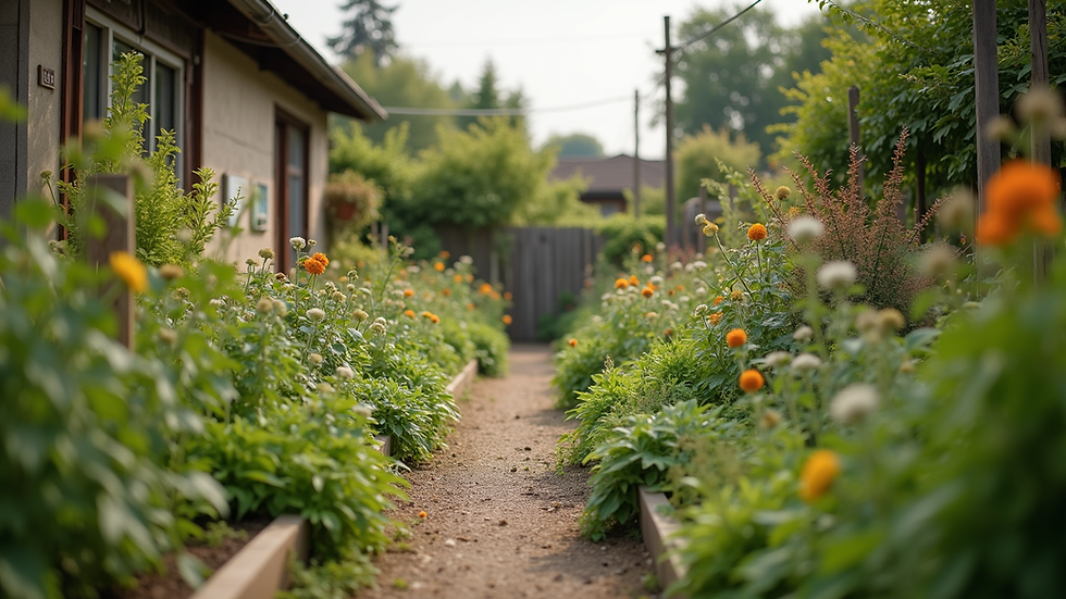 Wide angle view of a community garden with diverse plants