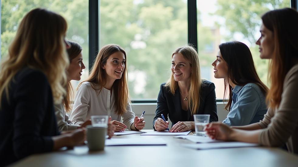 Eye-level view of a group of women entrepreneurs engaged in a brainstorming session