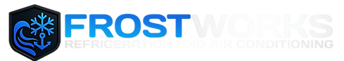 Frostworks Refrigeration and Air Conditioning banner showcasing marine, commercial, residential, and caravan cooling services