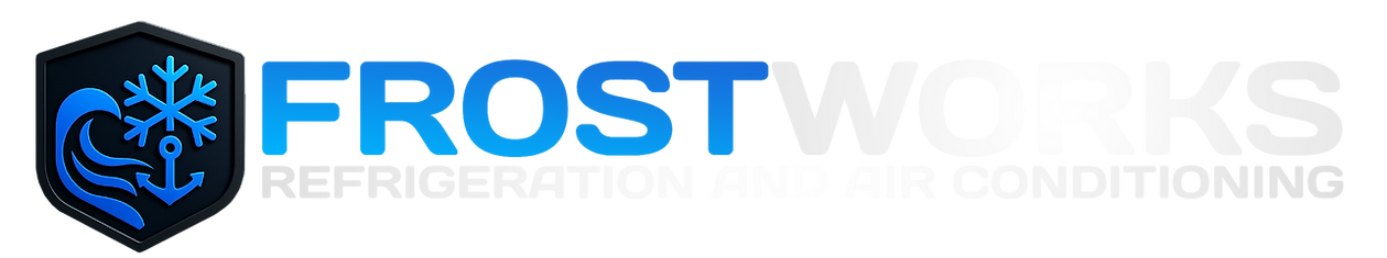Frostworks Refrigeration and Air Conditioning logo with blue and white snowflake design