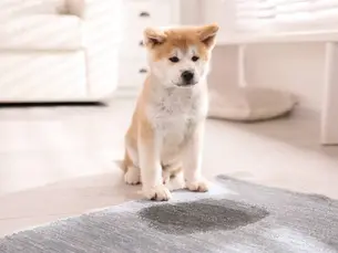 Puppy sitting next to urine stain on carpet in rental property, showing common pet damage in rental homes.