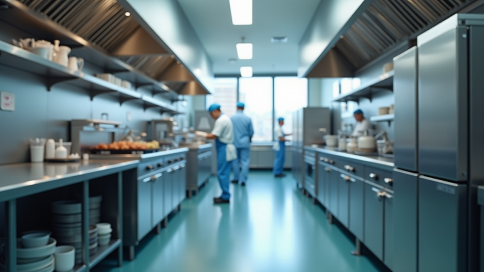 Eye-level view of a clean commercial kitchen with hygiene services in progress