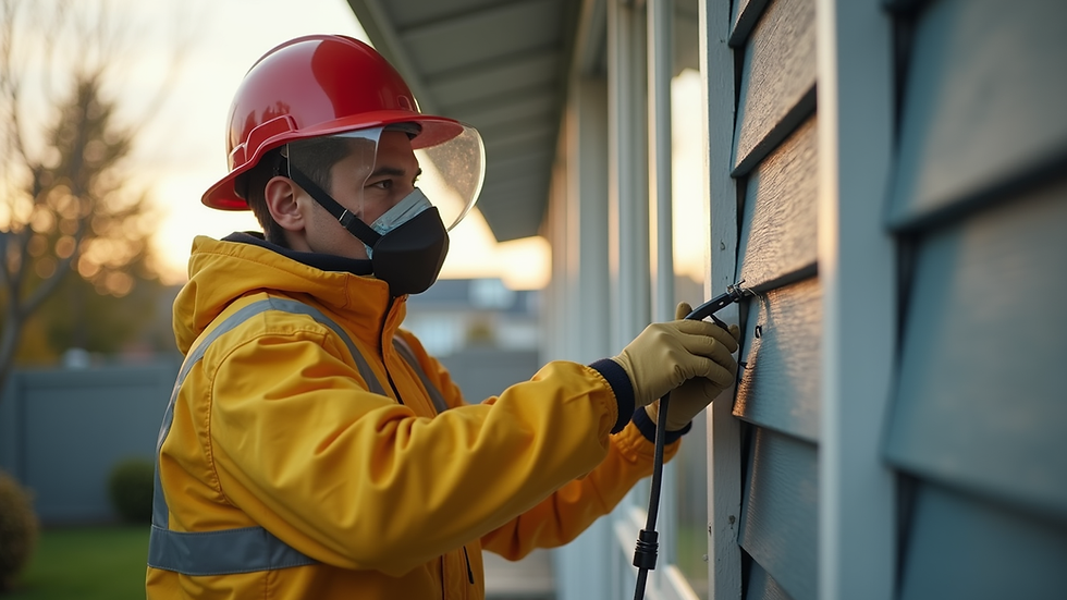 Close-up view of a pest control technician inspecting a home exterior