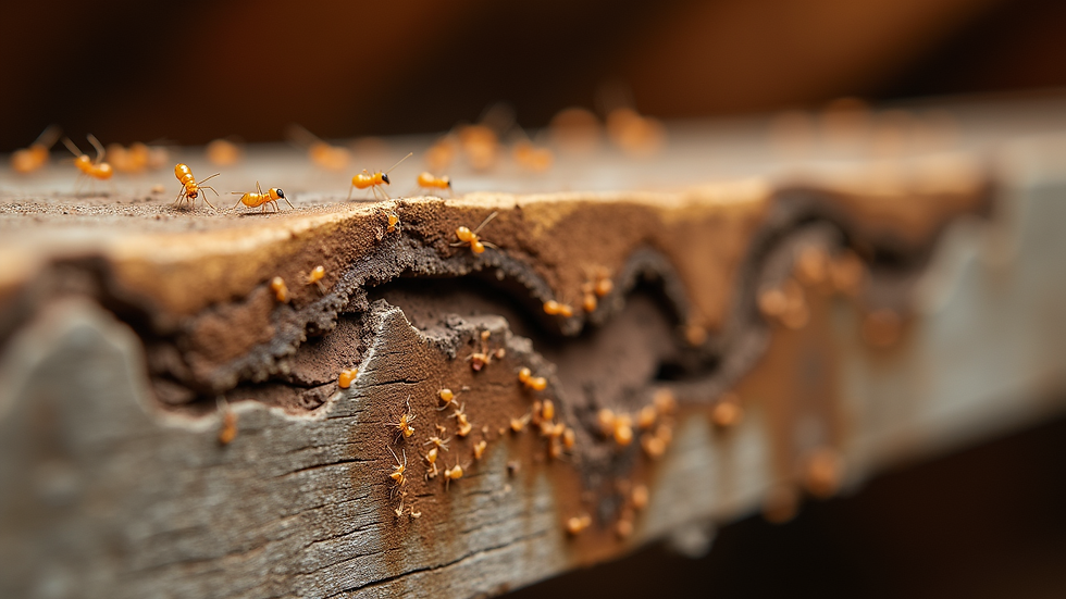 Close-up view of termite damage on wooden beam