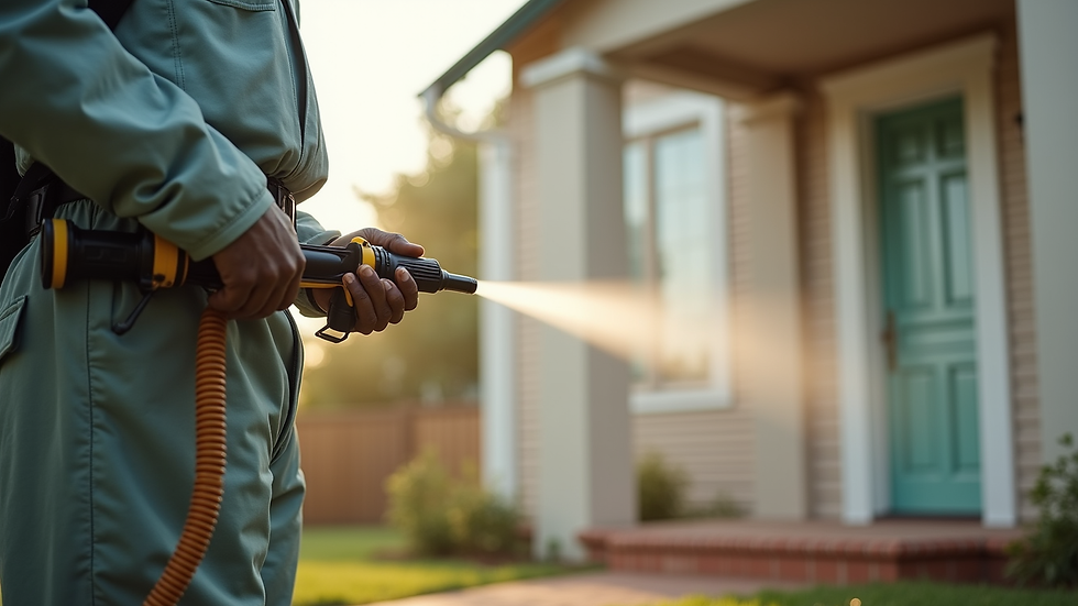 Eye-level view of pest control technician spraying a home exterior