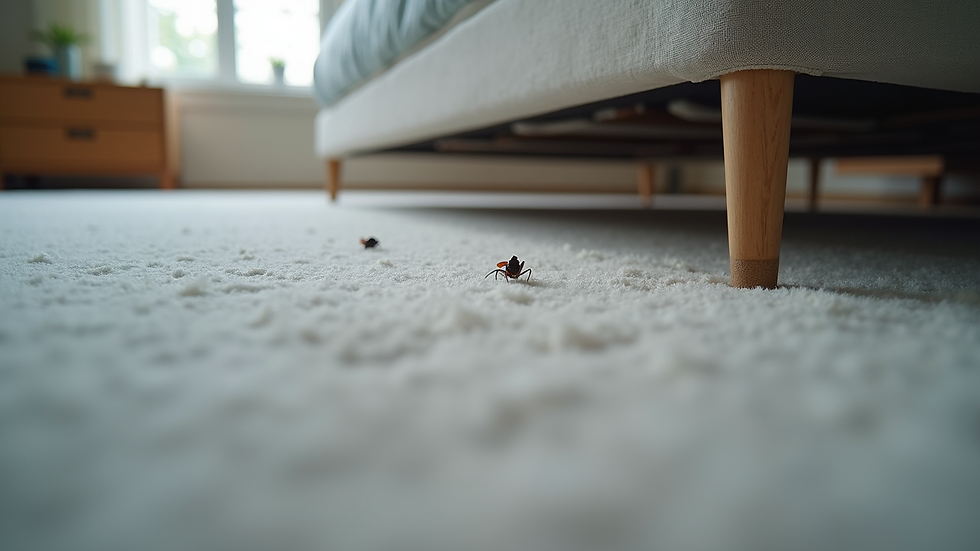 Eye-level view of a mattress with bed bug interceptors under bed legs
