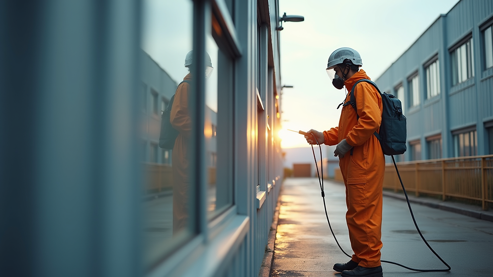 Eye-level view of pest control technician applying treatment around a commercial building