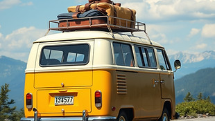 old fashioned van with luggage on a rack driving away on a trip, fun, mountains.jpg