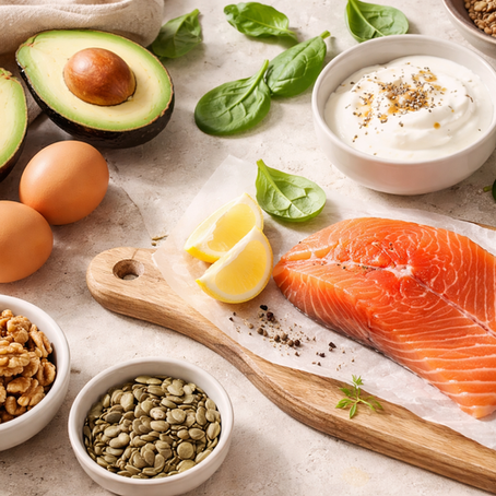 Aliments favorisant la pousse des cheveux : avocat, saumon, oeufs et graines pour cheveux forts et brillants.